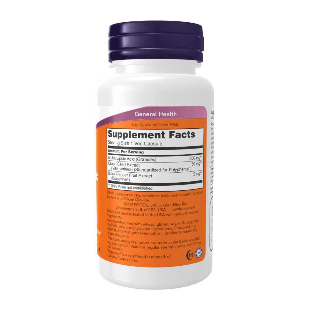 NOW Foods Alpha Lipoic Acid Extra Strength 600mg 60 Veg Capsules - Image 2
